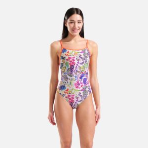 ARENA WOMENS’ PAINTING LACE BACK SWIMSUIT MULTI/BRIGHT_CORAL
